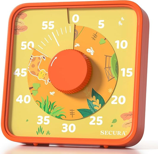 Secura 7.5-Inch Animal Pattern Visual Timer for Kids, 60-Minute Countdown Timer for Classroom or Kitchen, Durable Mechanical Timer Clock with Magnetic Backing (Orange)