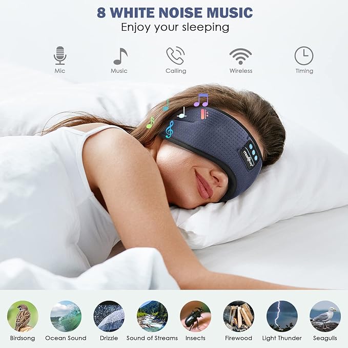 MUSICOZY White Noise Bluetooth Sleep Mask with 8 Soothing Sounds & 3D Wireless Sleep Headphones, Bluetooth Sleeping Headphones for Yoga Travel Office Relaxation, Tech Gadgets Gifts