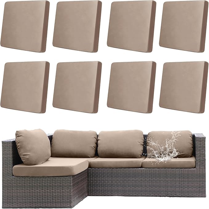 8Pcs Outdoor Cushions Covers Waterproof, Patio Cushion Covers, Stretch Cushion Covers Replacement,Cushion Slipcovers, Furniture Cushion Covers (Khaki, 8PCS)