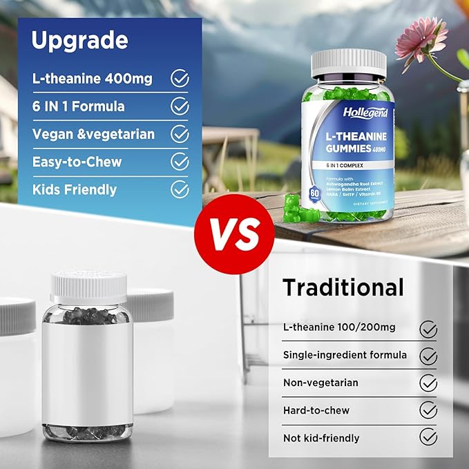 L-Theanine Gummies, l'theanine 400mg with Ashwagandha, GABA, 5HTP,L-Theanine Chewable Supplement for Relax, Zzz & Focus Support, Vegan, Lemon Flavor, 60 Counts