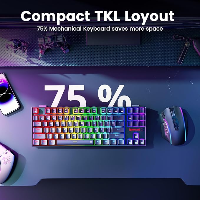 Redragon Wireless Gaming Keyboard, BT/2.4Ghz Tri-Mode Mechanical Keyboard with Aluminum Pannel, Hot-Swap Red Switch, Programmable 87 Keys TKL, LED Rainbow Backlit - K552-KRS