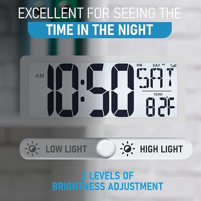 TXL Atomic Clock with Backlight, 14.2" Digital Wall Clock, Battery Operated, Large Display with Day, Date & Temperature, Bedroom, Living Room, Office