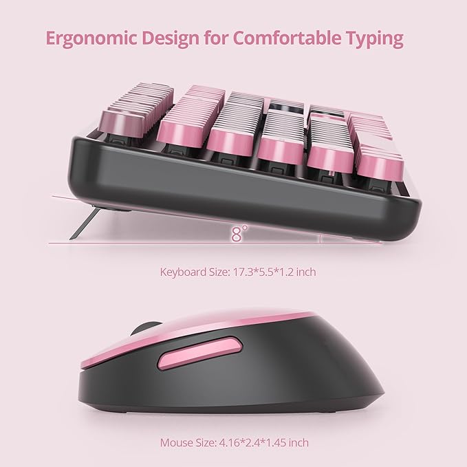 Guffercty kred Black and Pink Keyboard and Mouse Wireless, Retro Typewriter Cute Colorful Wireless Keyboard Full-Size 2.4GHz with Round Keycaps for Desktop Laptop and PC (Pink Plum)