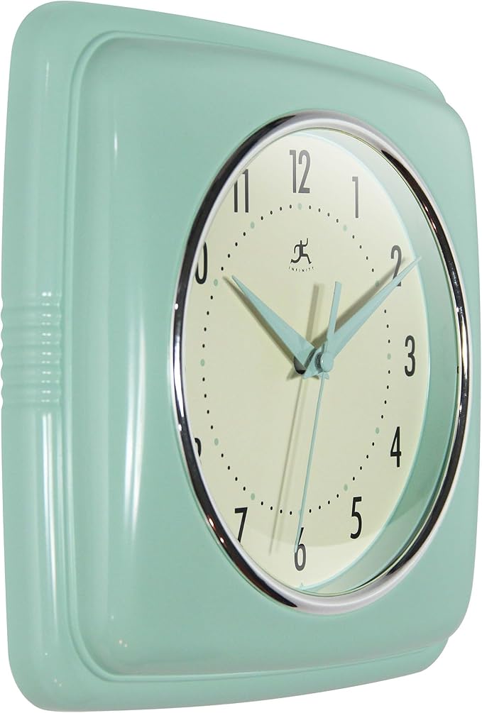 Infinity Instruments Square Retro Wall Clock, Pastel Green, 9.25"