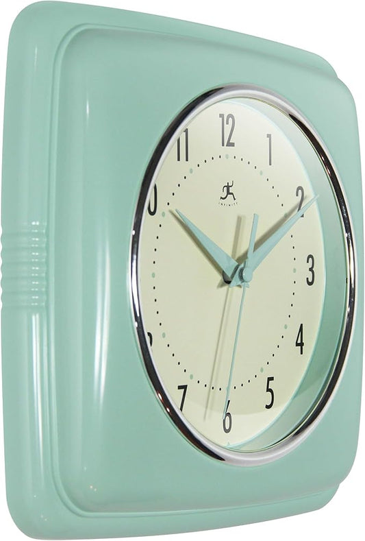 Infinity Instruments Square Retro Wall Clock, Pastel Green, 9.25"