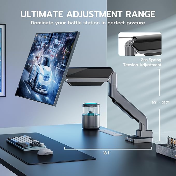 ARES WING Single Monitor Arm, Heavy Duty Adjustable Monitor Arm for 13"-49" Screens with USB, Gas Spring Desk Mount Stand with C Clamp/Grommet Mounting Base up to 40lbs Computer, Gray