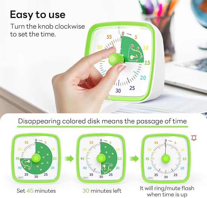 Yunbaoit Visual Timer with Night Light, 60-Minute Dinosaur Countdown Timer for Kids and Adults, Time Management Tool for Home, School, Kitchen, or Office (Green)