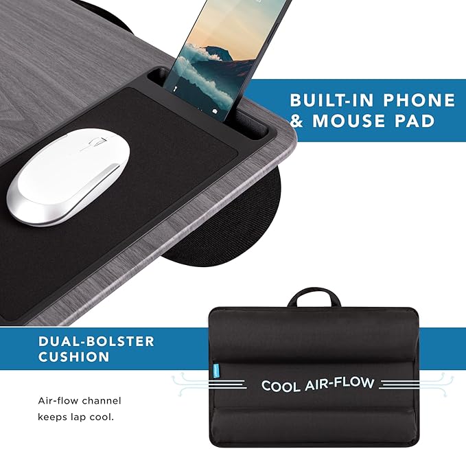 LAPGEAR Home Office Pro Lap Desk with Wrist Rest, Mouse Pad, and Phone Holder - Gray Woodgrain - Fits up to 15.6 Inch Laptops - Style No. 91595