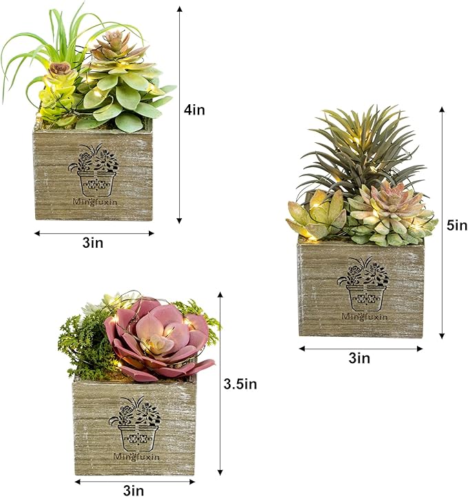 Small Fake Plants, 3 Packs Mini Succulent Plants Artificial with Led Lights for Indoor Bathroom Bedroom Desk Office Decor