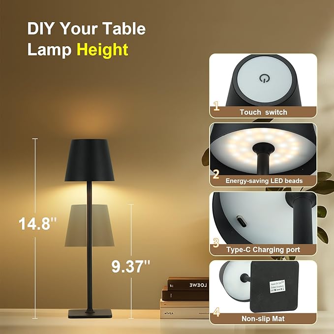 Cordless Table Lamp with Timer, Czgor Rechargeable 5200mAh Battery Operated Lamp with Remote, Adjustable Height, 3-Color Stepless Dimming, Small LED Table Lamp for Bedroom Dining Office Outdoor(Black)