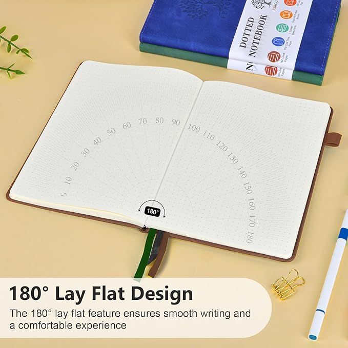 PERCUN Dotted Journal Notebook for Men & Women, 160 Pages Dot Grid notebook for Note Taking, Bullet Journaling Notebook for Work, School, Travel, Writing, A5 Hardcover 5.9" x 8.5"(Brown)