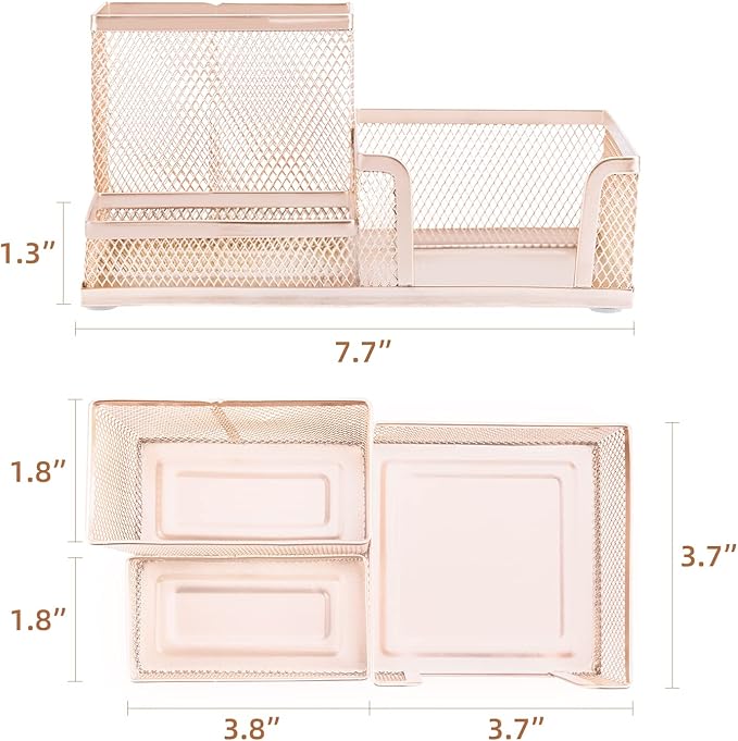 deli Mesh Desk Organizer Office Supplies Caddy with Pencil Holder and Storage Baskets for Desktop Accessories, 3 Compartments, Gold