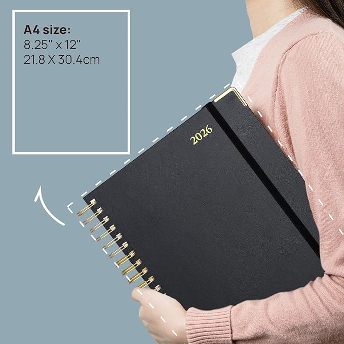 POPRUN 2026 Daily Planner One Page A Day - [A4 Large Size 8.25" x 12" -Spiral Hard Cover], Agenda 2026 Hourly Appointment Book with Monthly Calendar, Pen Holder, Ivory Paper -Haze Blue