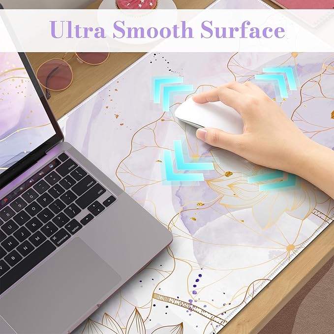 iCasso Desk Cover Mat, Extra Large Lotus Mouse Pad, Desk Pad Mat,Office Matt for Desktop Protector, Anti-Slip XXL Big Mousepad with Stitched Edges for Laptop Computer Keyboard(Purple Lotus Leaf)