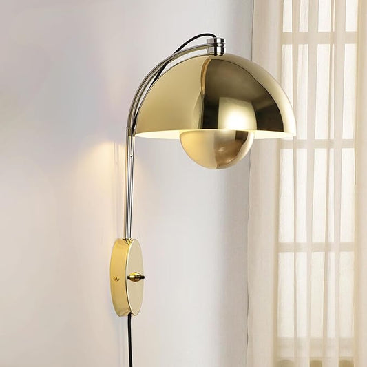 COSYLUX Modern Sleek Plug in Wall Sconce, Hardwired & Corded 2in1 Design Metal Wall Light Fixtures for Bedroom Bedside Reading, Mid-Century Flower Bud Wireless Wall Sconces with Switch, Gold