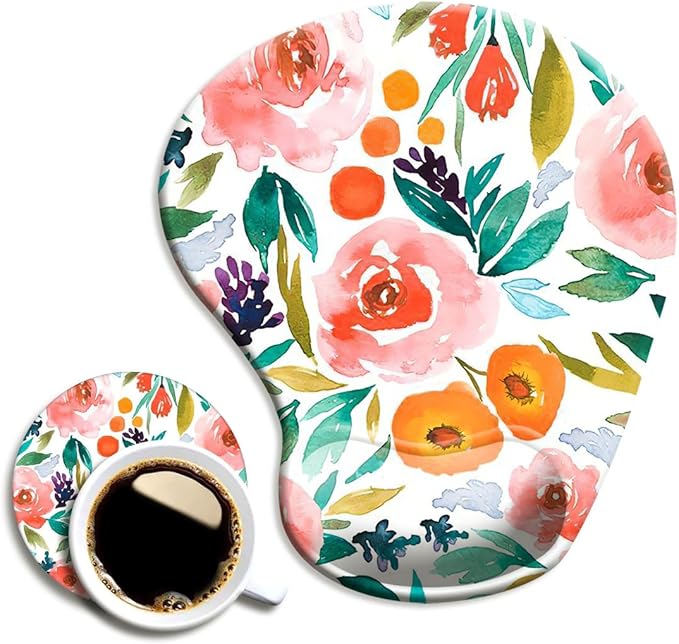 DOOKE Ergonomic Mouse Pad with Wrist Support and Coaster,Mouse Pads with Non-Slip PU Base for Home Office Working Studying Easy Typing & Pain Relief Pretty Floral