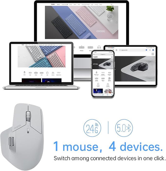 Rapoo MT760 Multi-Device Wireless Mouse, Bluetooth 5.0 and 2.4G Multi-Mode Connection, Up to 4 Devices, 11 Programmable Buttons, 4K DPI, 90 Days Battery Life, PC, Light Grey