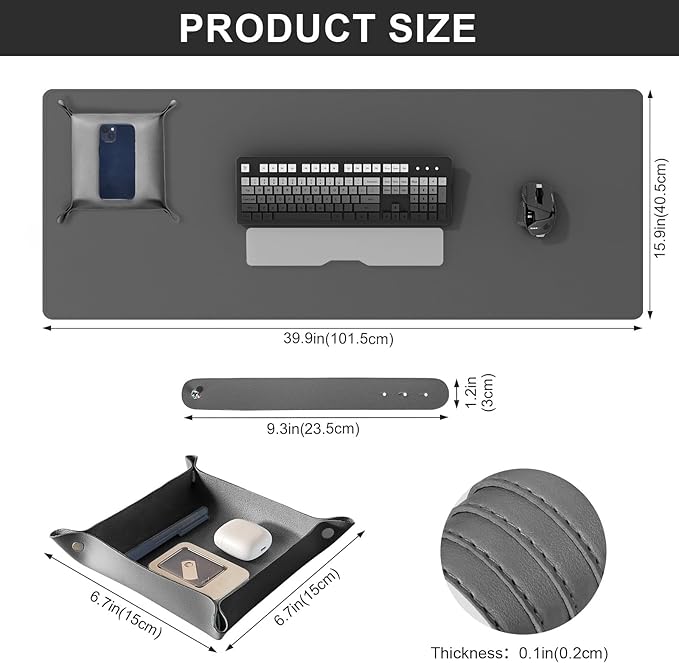 DAWNTREES Dual Sided Desk Mat,Leather Desk Pad,40"x16",Cork Desk Mat Protector,with PU Leather Valet Tray Organizer,Large Mouse Pad,Desk Writing Pad for Office and Home(Dark Gray)