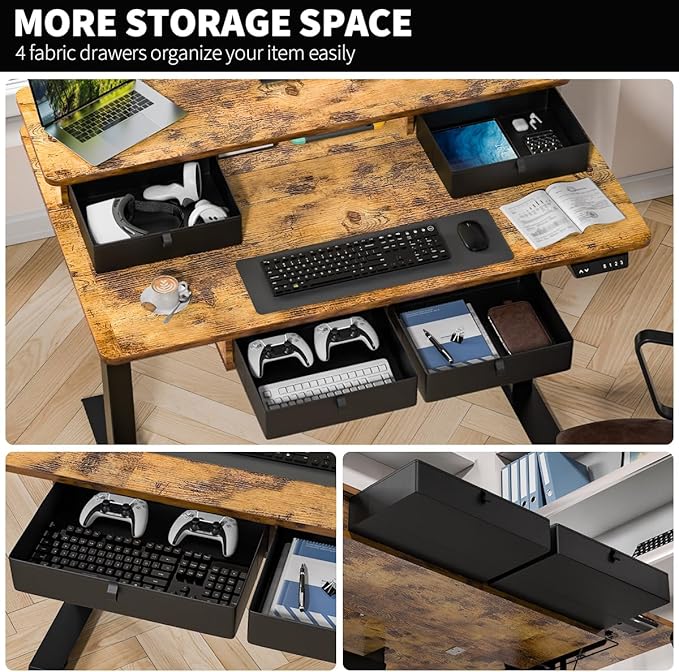 Standing Desk with Fast Charging USB Ports, 48" x 30" Height Adjustable Home Office & Gaming Desk, Sit Stand Desk with Built-in Storage Shelf, Hook & Ergonomic Design(Rustic Brown)