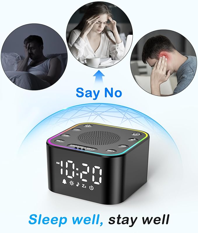 White Noise Sound Machine: 30 Non-Looping Sleep Sound Therapy for Adults - Noise Canceling for Bedroom, Adjustable Night Light & Timer, Built-in Alarm Clock