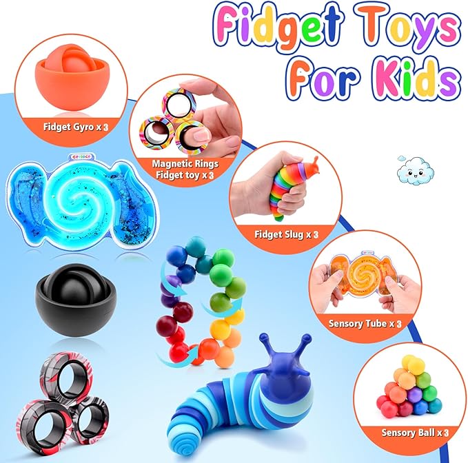 Cevioce 15Pcs Fidget Toys Adults Pack,Stocking Stuffers for Teens Boys Girls,Autism Sensory Toys with Fidget Spinner Slug Magnetic Rings,Squishy Fidget Toys ADHD Stress Relief,Party Favor for Kid-BOG