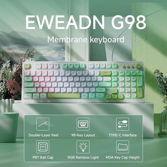 EWEADN G98 RGB Gaming Keyboard Wired, Retro Creamy Membrane Keyboards with Media Knob, Number Pad RGB Backlit, 98 Keys Quite Membrane Computer Keyboard for MAC Xbox PC Gamer- Green