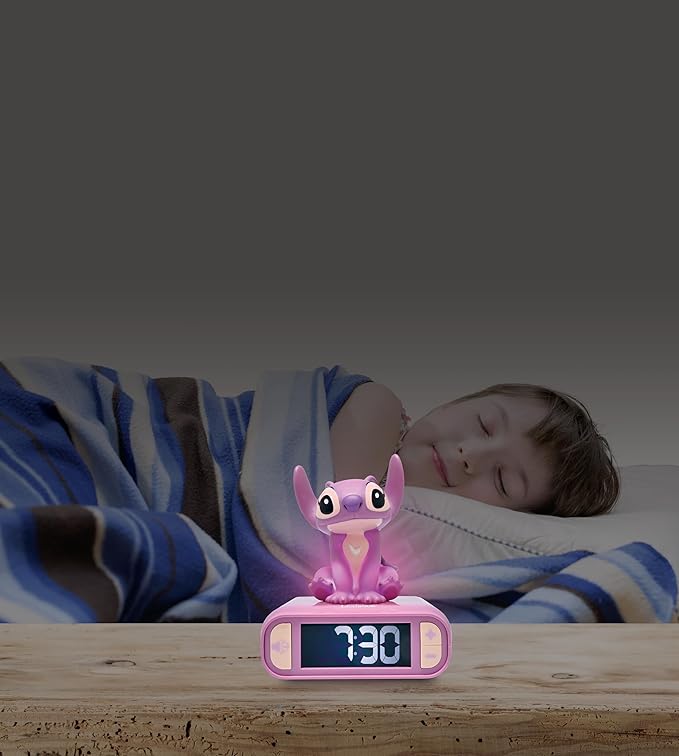 LEXiBOOK, Disney Stitch, Angel Night Light Alarm Clock, Sounds and Melodies, Backlit LCD Screen, Luminous, Snooze, Pink, RL800D1