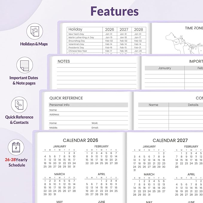 SUNEE 2026 Pocket Weekly Planner for Purse 3.5" x 6" - 12 Month (January 2026 - December 2026), Small Size Planner, Hardcover, Notes, Pocket, 100 GSM Paper, Purple