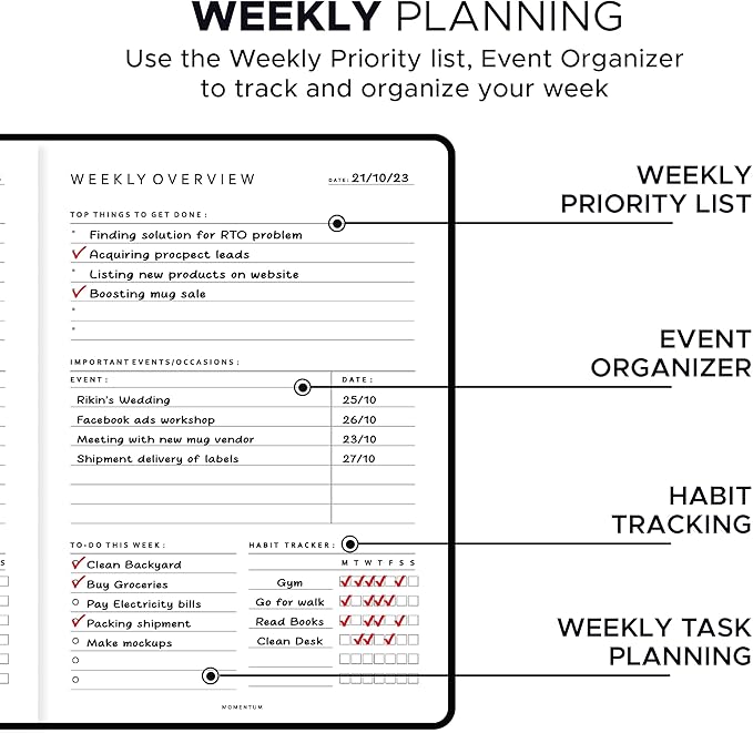 Momentum - Daily, Weekly, Monthly Productivity Planner Kit | Navy Blue Undated A5 Size Planner | 192 Pages Journal + Motivational Stickers + Motivational Post Card