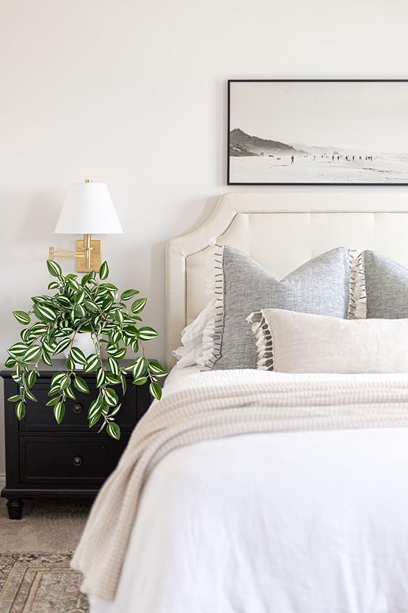 Briful Fake Plants Indoor Artificial Potted Silk Plants Faux Watermelon Peperomia Cascading Vine Plant for Home Office Livingroom Desk Shelf Mantle Decoration(Green/White - 1 Pack)