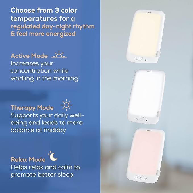 Beurer TL35 Light Therapy Lamp with 10,000 Lux LED with 3 Color Temperatures, 4 Dimmer Levels, Timer, Auto Switch-Off, and Adjustable Stand for Home, Office, or Travel