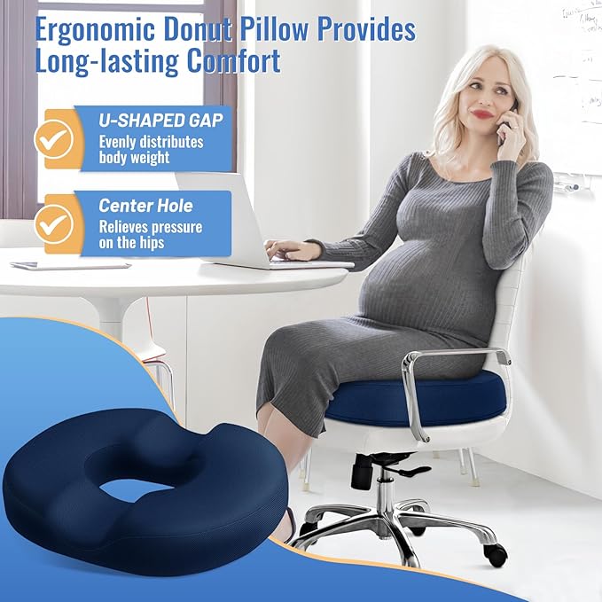 CloudBliss Donut Pillow Seat Cushion Chair Pad for Tailbone Pain Relief and Hemorrhoids, Memory Foam Seat Chair Cushion for Men and Women for Home & Office, (Blue-2XL)