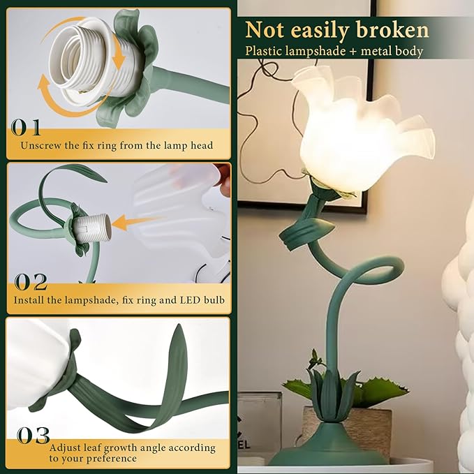 Cute Flower Table Lamp, Bedside Vintage Flower Lamp with LED Bulb, 3 Colors Temperature Flower Lamp for Bedroom Living Room Bedside Desk Reading Lighting Table Lamps Home Decoration (Green)