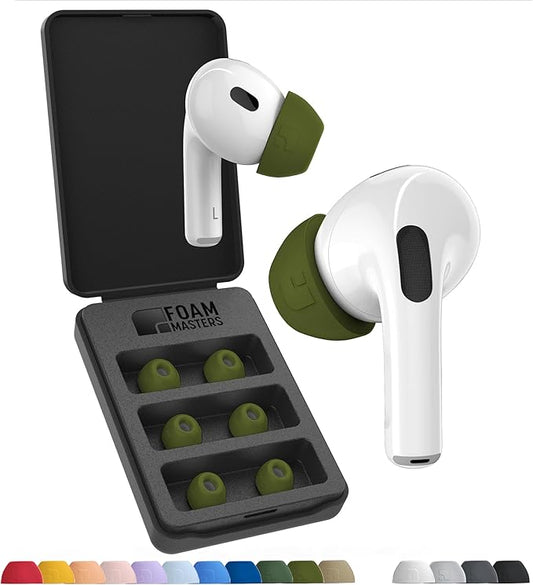 Foam Masters Ultra-Premium Memory Foam Ear Tips for AirPods Pro 1st & 2nd Gen | 3 Pairs | New Ver. | Secure Fit | Super Comfort | Better Noise Cancel | Replacement Buds (Small, OD Green)