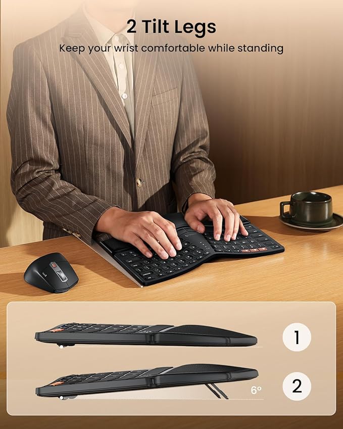 ProtoArc Bluetooth Ergonomic Keyboard Mouse, EKM04 Mini Compact Wireless Ergo Keyboard Mouse Combo, Split Design, Wrist Rest, Multi-Device, Rechargeable, for Windows/Mac - Black