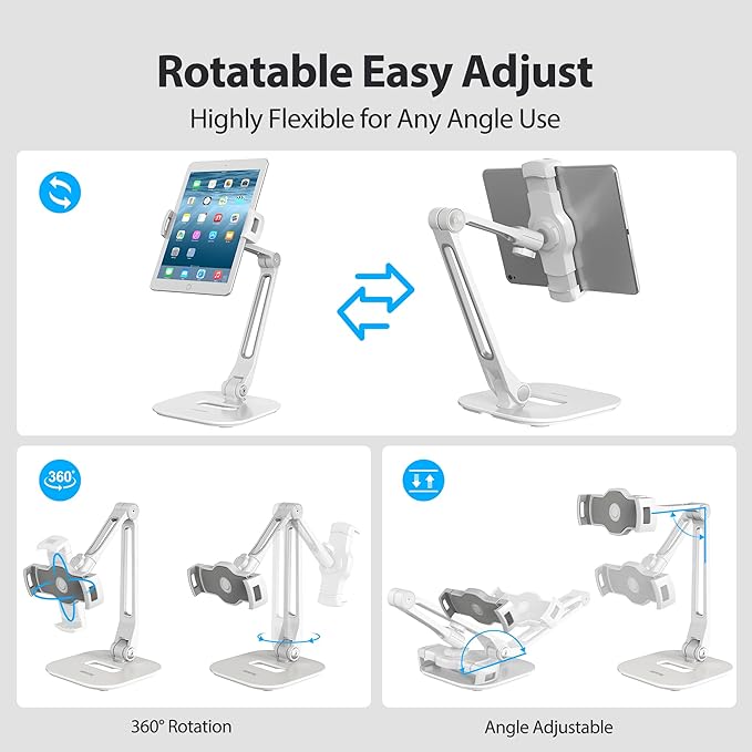 AboveTEK Multi-Angle Adjustable Tablet Stand, 360 Swivel iPad Stand Aluminum Desk Mount Fits 4'-11" Tablets White