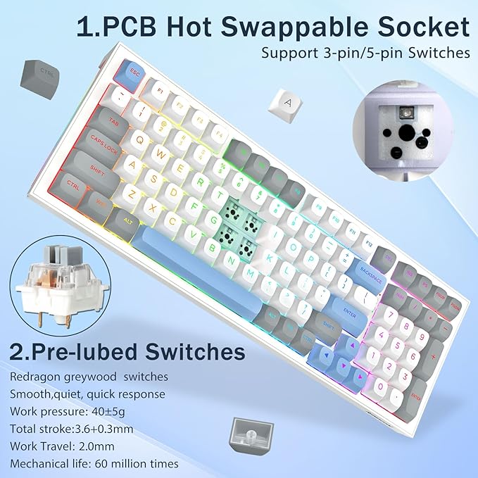 Redragon K723 Wireless Mechanical Gaming Keyboard, Hot Swappable Pre-lubed Linear Switches, Gasket Design, Bluetooth/2.4GHz/USB-C, Creamy Sound, RGB Backlit for PC/Mac/PS/Xbox, White Grey