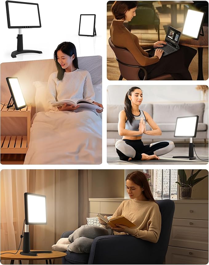 Light Therapy Lamp, 12000 Lux Full Spectrum 3 in 1 Therapy Lamps UV-Free LED Sunlight, Adjustable 10 Brightness 5 Color Modes, Timer, Height, Angle& Detachable Stand, Black