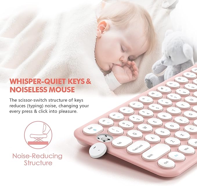 Wireless Keyboard and Mouse Combo, XTREMTEC Cute Compact -Size Pink Retro Round Keycap, Ultra Thin Quiet 2.4GHz Retro Kawaii Keyboard for Mac/PC/Laptop (Sakura Pink)