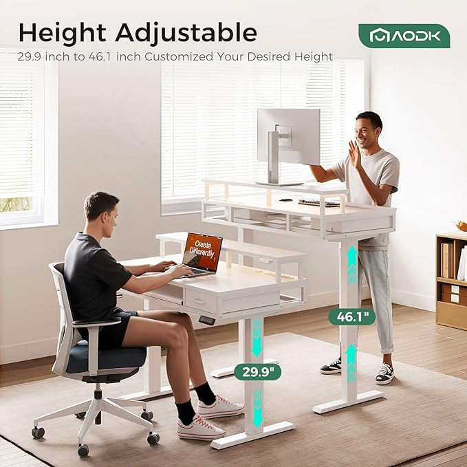 AODK Electric Standing Desk with Drawers & Keyboard Tray, 47 Inch Height Adjustable Small Gaming Desk with Power Outlets & LED Lights, Sit Stand Table with Monitor Stand for Home, Office, White