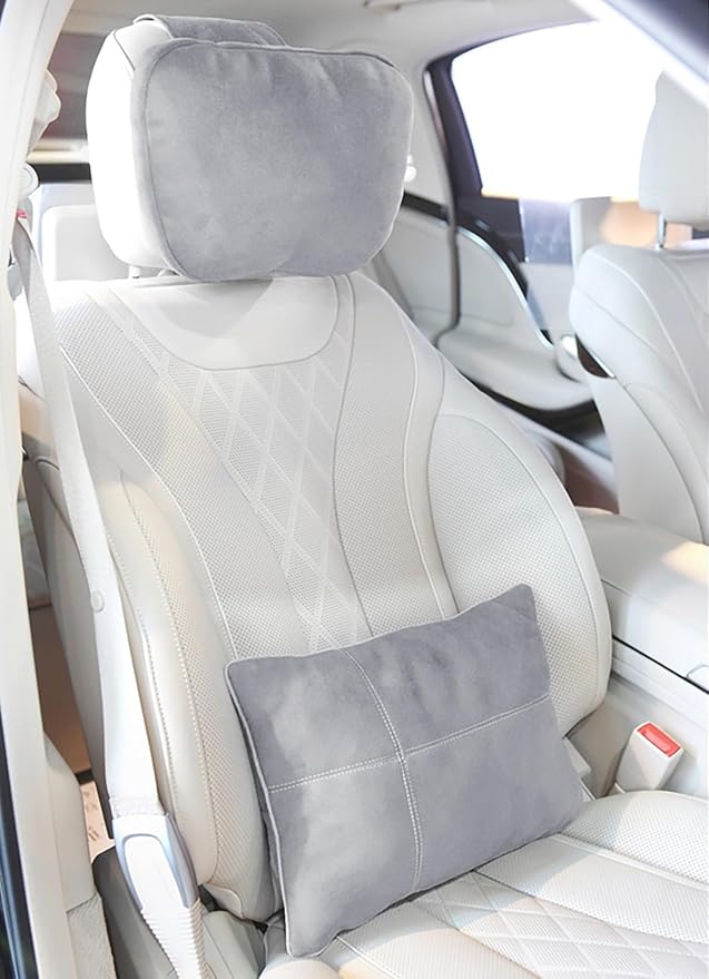 2PCS Car Pillow for Car Neck Pillow for Driving Seat Lumbar Support Soft Cushion with Extra Filling Accessories Back Support for Travel Nap and Trips Sleeping (Grey, Head and Lumbar)