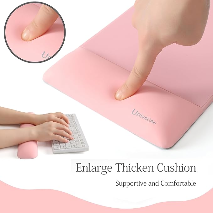 UnivoColors Design-Wave Set of Keyboad Wrist Rest & Mouce Pad,Artificial Sheepskin+Memory Foam+Ergonomic+Anti-Slip Gel, Resilience Support During Work and Gaming,Keyboard Accessory,Pink,N