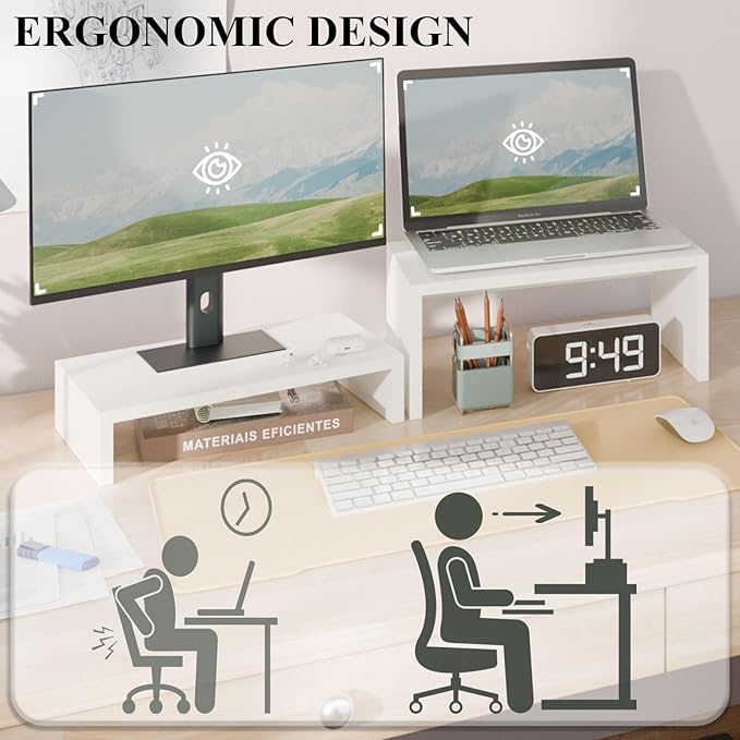 TEAMIX Adjustable White Monitor Stand Riser - 2 Pack, Wood 2 Tier Adjustable Stand for 2 Monitors/Laptop/PC