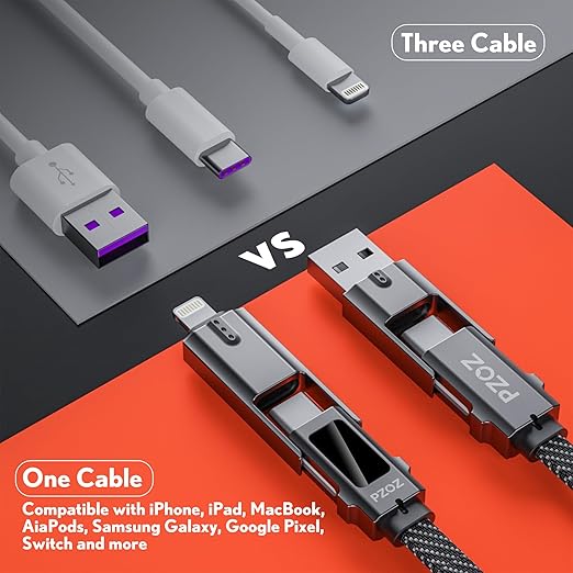 pzoz 4-in-1 USB C Fast Charging Cable with LED Display, Multi USBC Charger Combo Lightning/Type C/USB A Metal Ports for iPhone 17/16/15/14 Pro Max iPad MacBook AirPods Pro Samsung Google (60W, 5 ft)