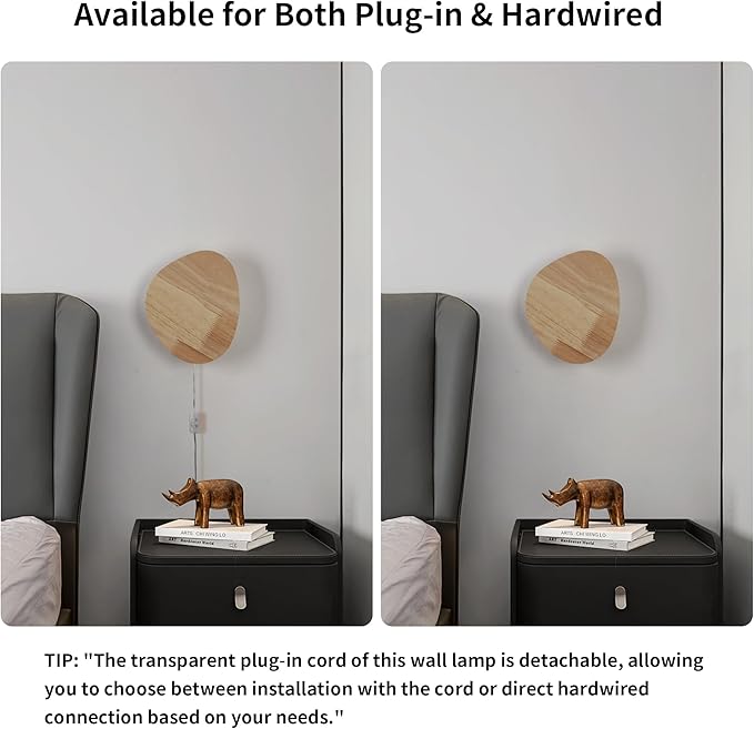 Modern Minimalist Plug in Wall Sconces, 7.9'' Plug-in Or Cordless Wood Backlight LED Wall Lamp, 8W, 700LM Warm White Brightness Wall Light Fixtures for Bedroom, Living Room Wall Décor