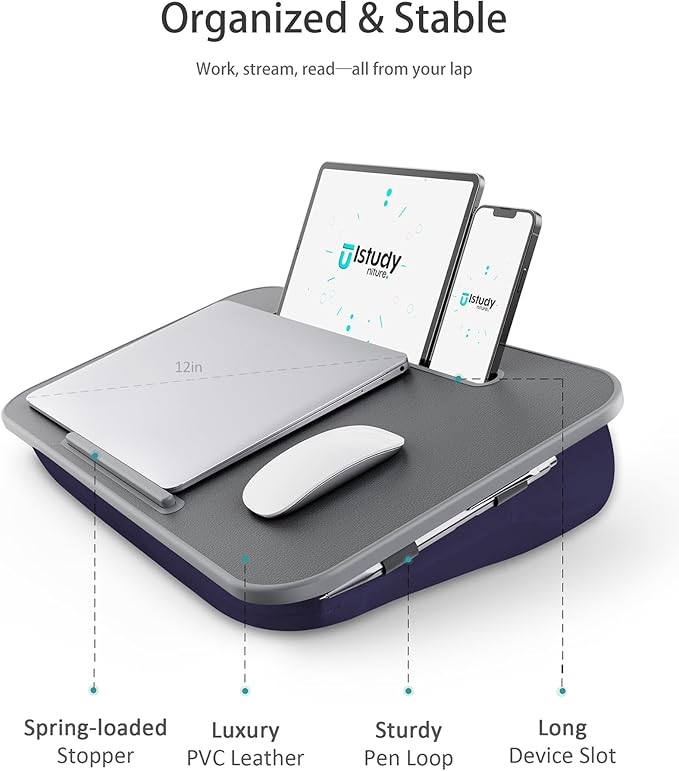 Lap Desk with Washable Cushion – Fits up to 17-Inch Laptops – Portable Laptop Desk & Stand – Bed desks & Tray for Writing, Reading, Working, Gaming on Bed, Couch, Floor –Istudyniture -Large, NavyBlue