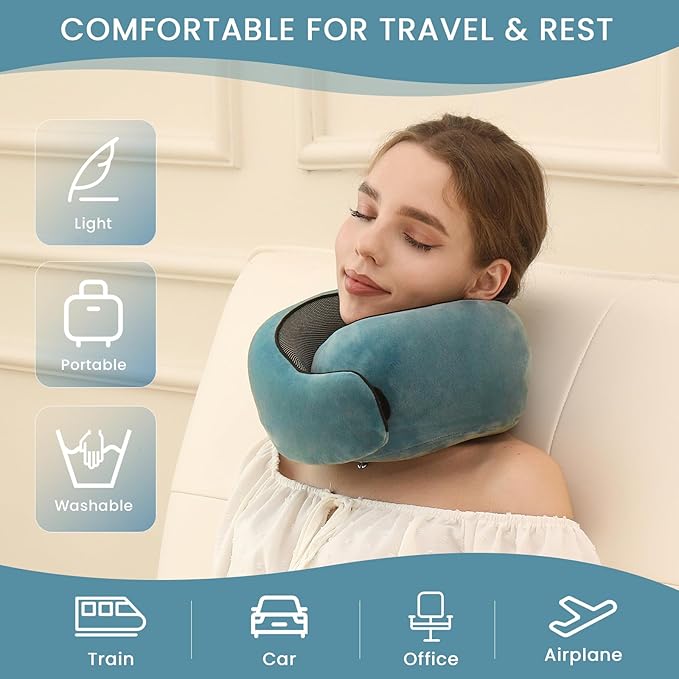 Neck Pillow, Travel Pillow uses Memory Foam to Support Neck Comfort, Ideal Companion for Airplane and car Travel, Compact, Convenient, and Versatile Airplane Sleep Pillow(Light Blue)