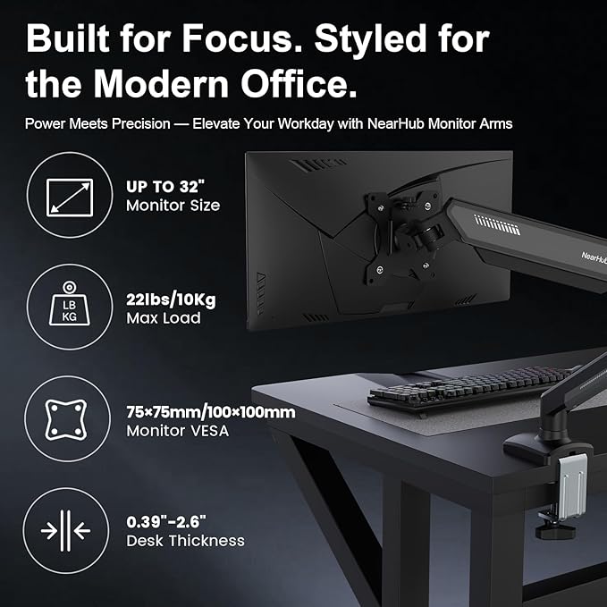 Single Monitor Mount Arm for 13-32" Up 22 lbs Screens | VESA 75x75/100x100 | Clamp/Grommet Base | Cable Management | Space Saving Desk Setup,180° Swivel, Tilt +90° to -45°, 360°Rotation