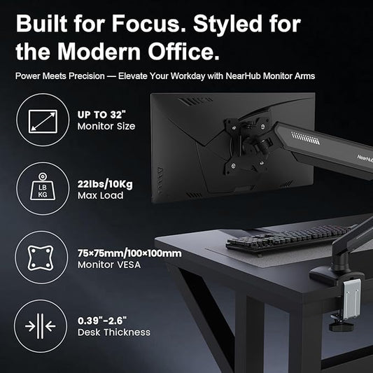 Single Monitor Mount Arm for 13-32" Up 22 lbs Screens | VESA 75x75/100x100 | Clamp/Grommet Base | Cable Management | Space Saving Desk Setup,180° Swivel, Tilt +90° to -45°, 360°Rotation