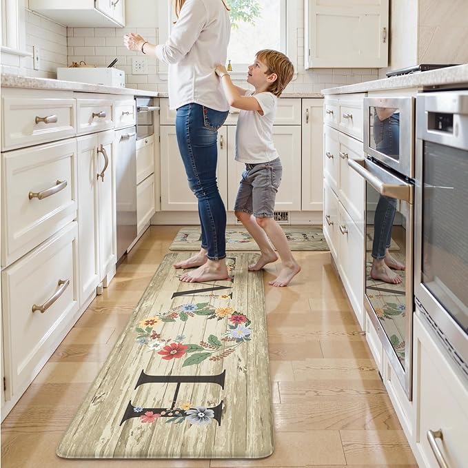 KIMODE Anti Fatigue Kitchen Mats for Floor 2 Piece,Farmhouse Floral Rugs Cushioned,Comfort Memory Foam Carpet Non Slip for Sink Laundry Office Bathroom,Beige 17"x47"+17"x29"
